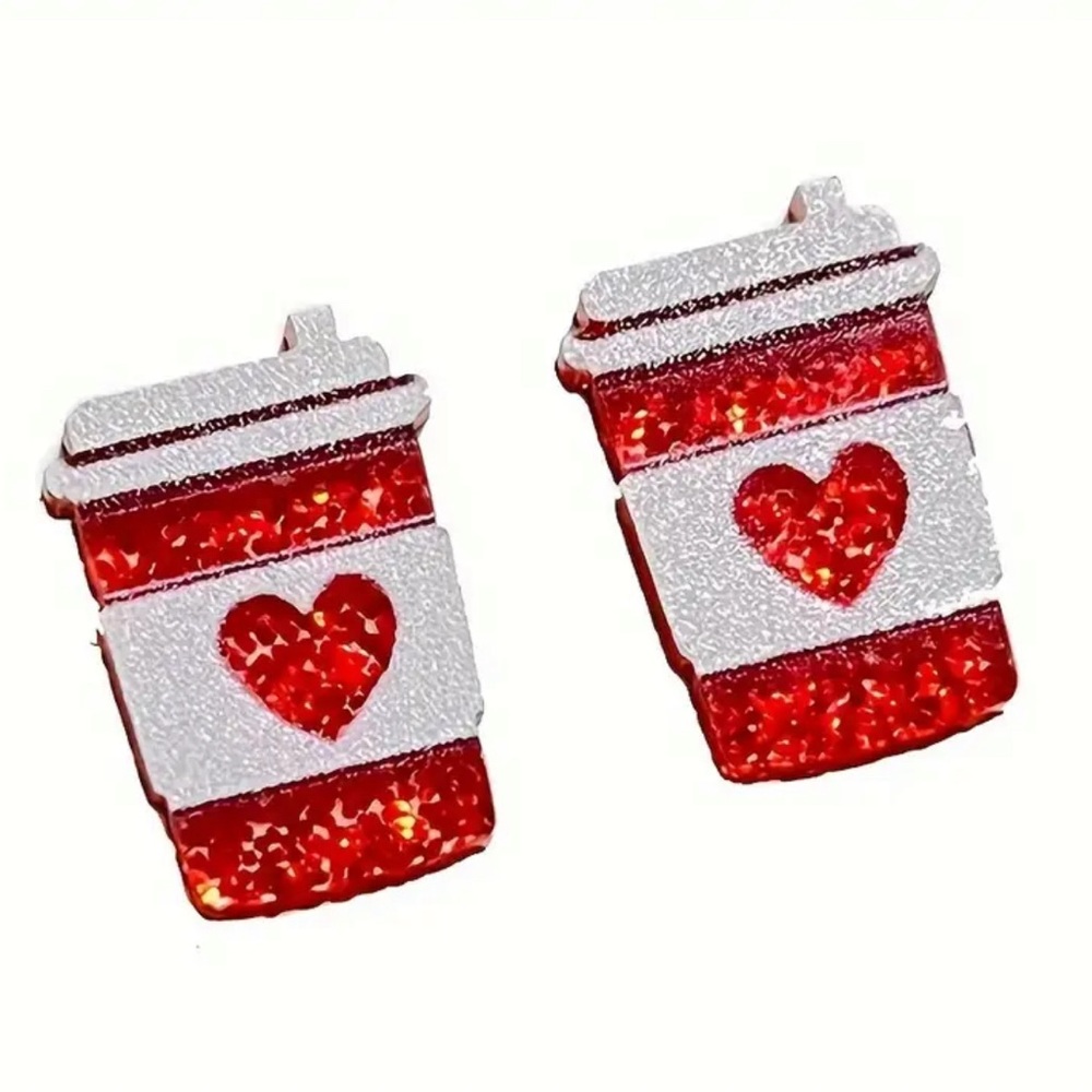 Red Heart Coffee Cup Design Stud Earrings Wooden Jewelry Earrings